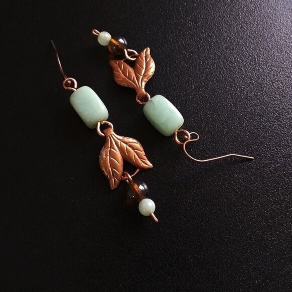 Handmade Copper Leaf + Green Aventurine Earrings! Fall Prosperity + Luck Jewelry - Picture 3 of 11